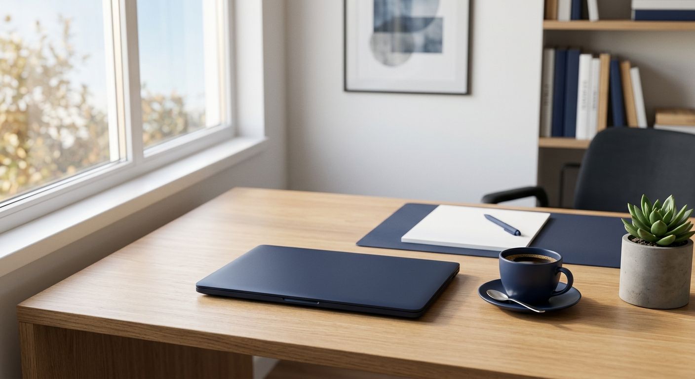 Mesa de trabalho organizada, com notebook fechado, caderno e xícara de café